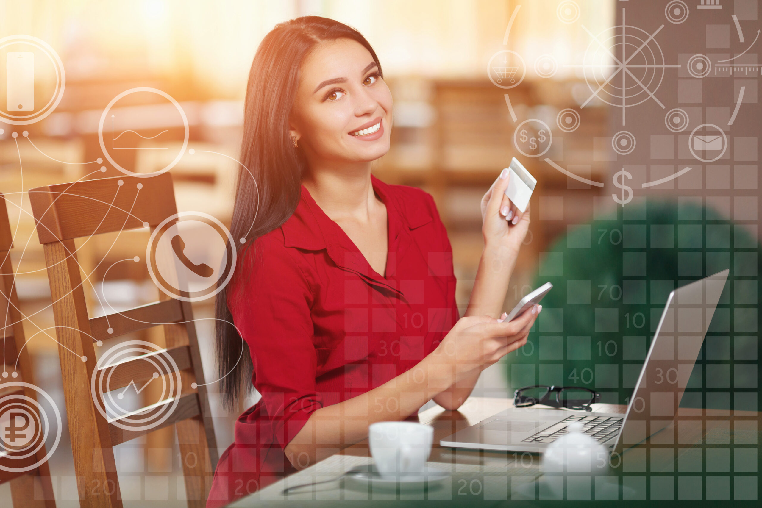 smiling woman with card mobile scaled